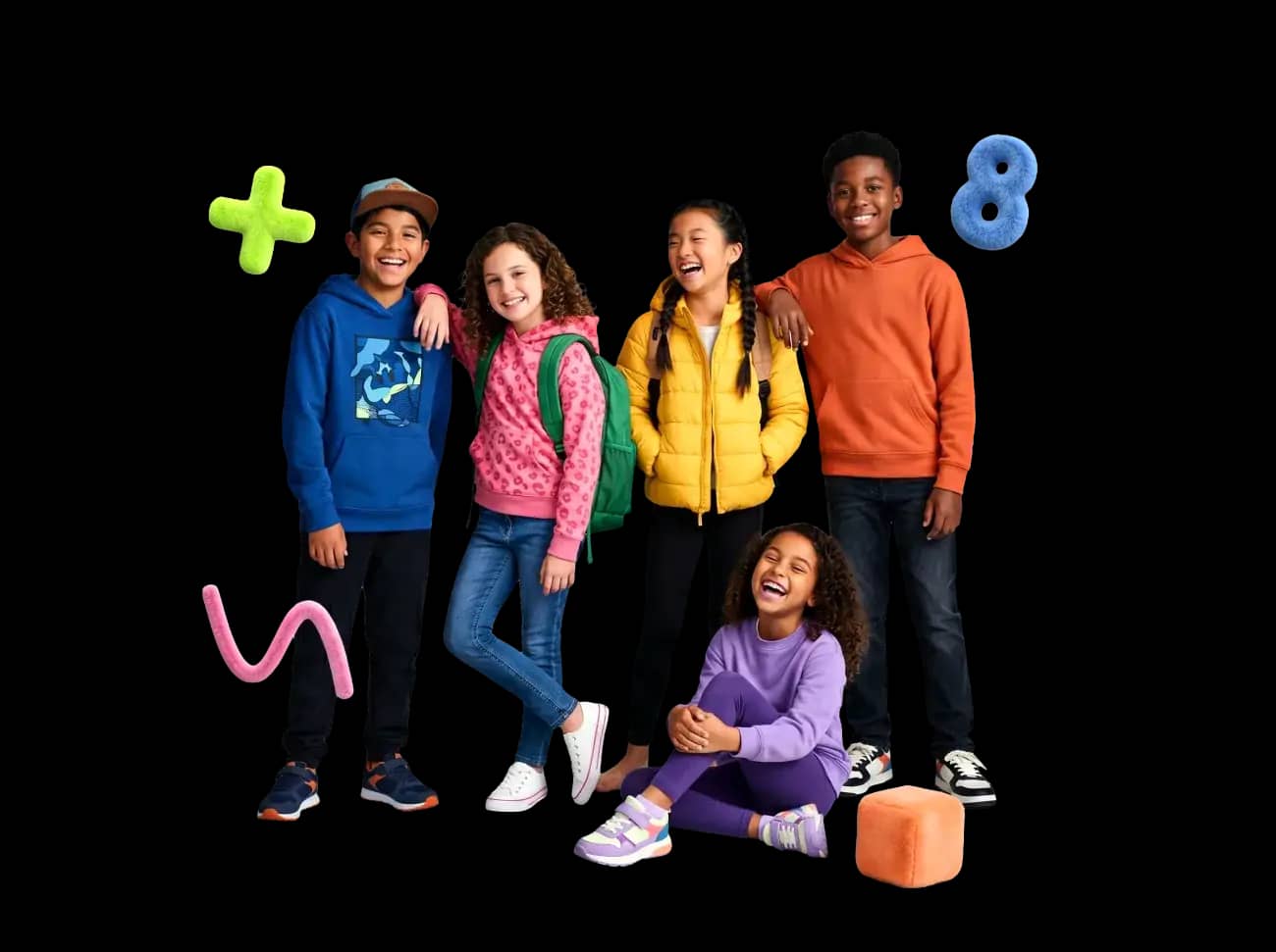 A group of happy students with floating math symbols